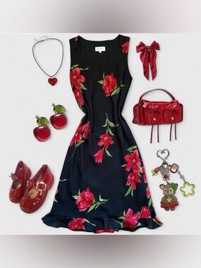 Cottagecore Studio I Sleeveless Black Red & Green Floral Maxi Dress Size 12